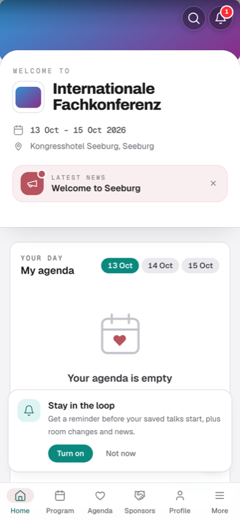 Home screen of the conference app with the day's programme