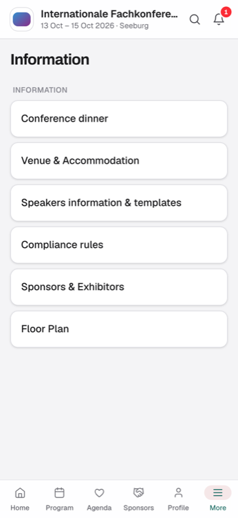Info pages on the dinner, travel and speaker guidance