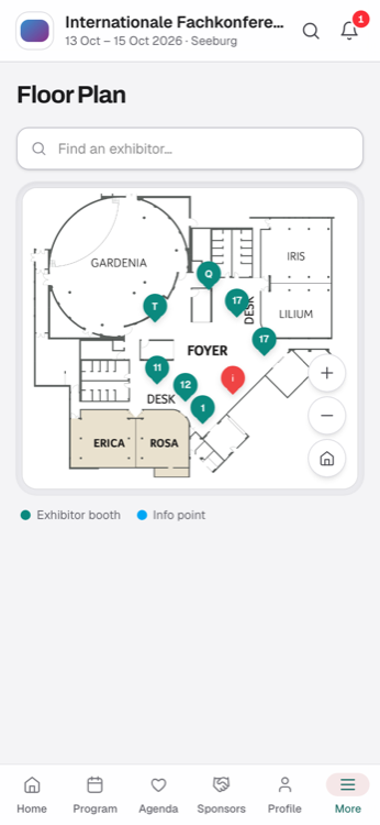 Floor plan of the venue with stand numbers and a search field
