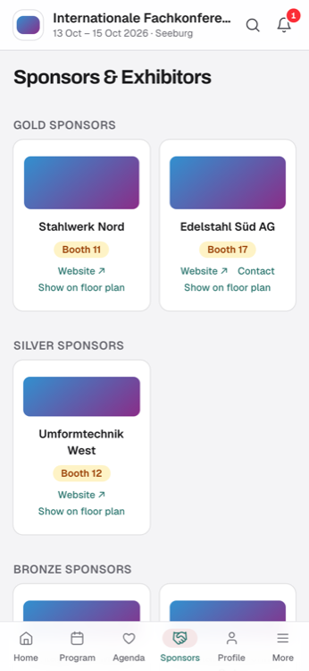 Exhibitor directory with stand numbers